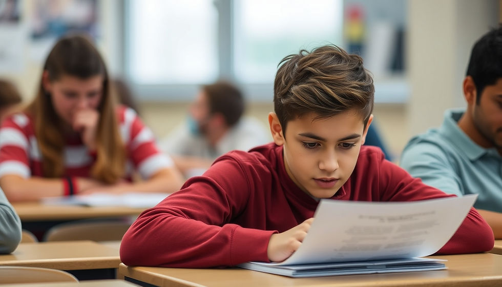 Eye-level view of a high school student examining a worksheet on text types