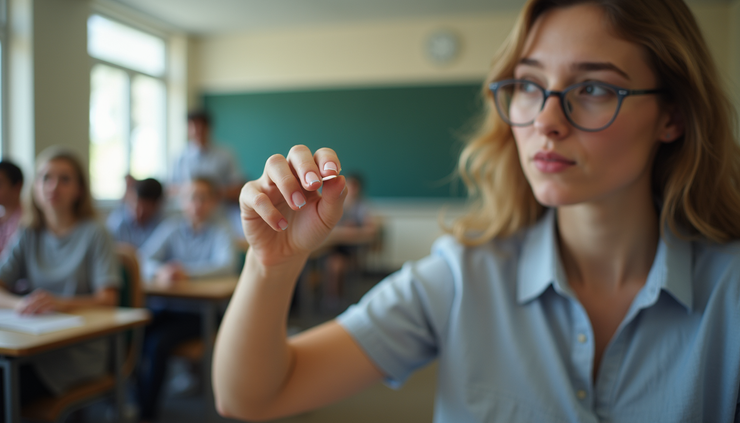 Eye-level view of a high school classroom with a teacher holding a popsicle stick for random student selection