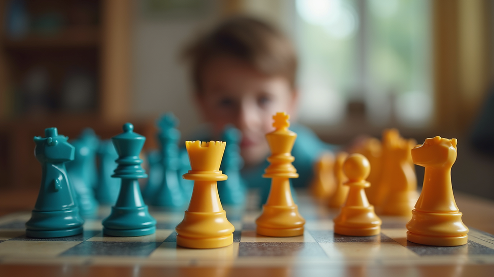Eye-level view of a colorful chessboard set up for a child