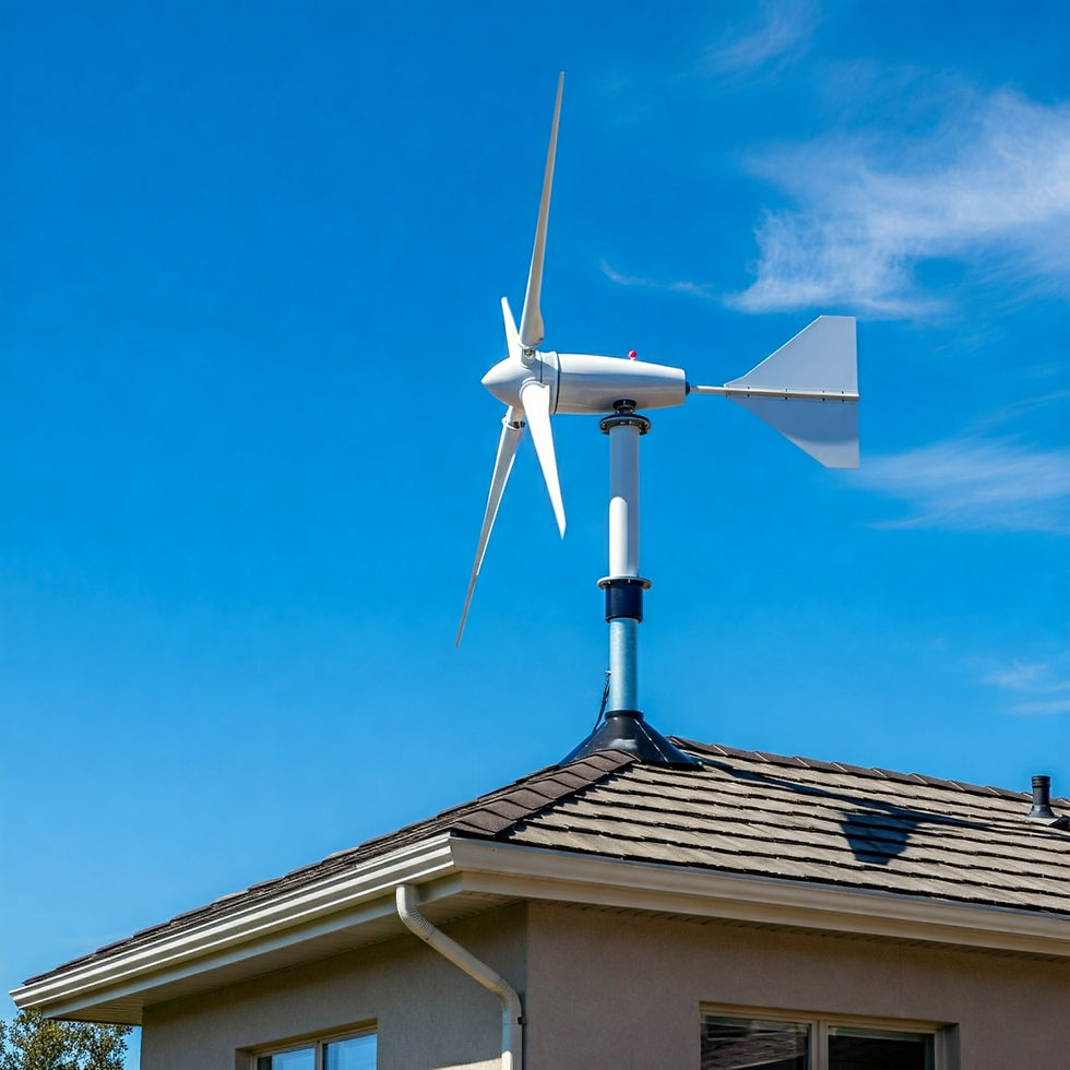 A white wind turbine on a house roof against a clear blue sky. The house has a tiled roof, and the mood is calm and sustainable.