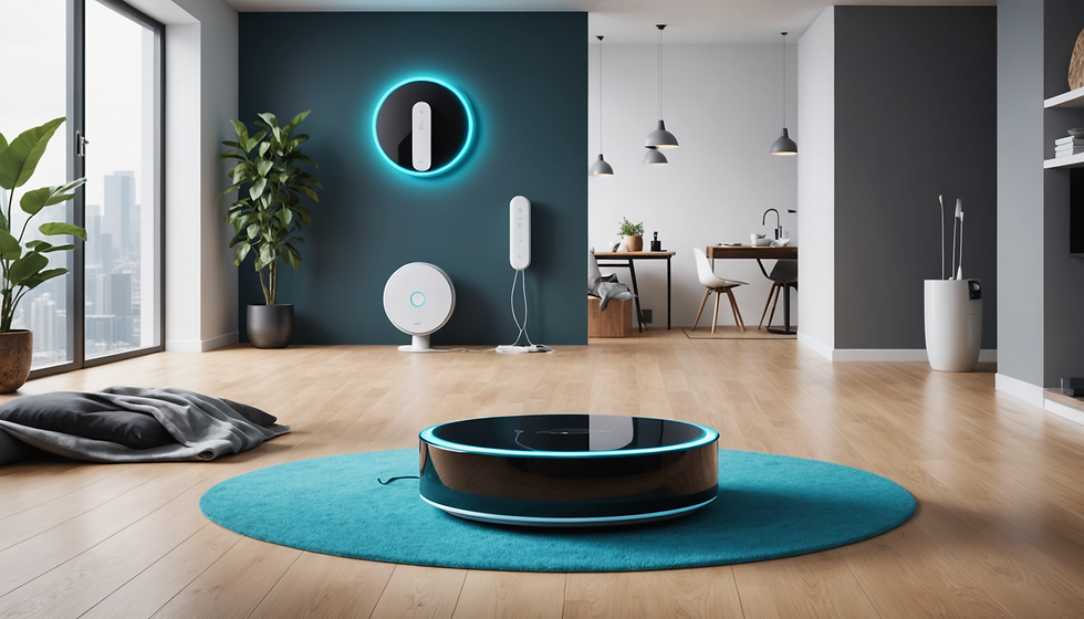 Futuristic room with a black robotic vacuum on a turquoise rug, modern wall devices, plants, and windows showing a city skyline.