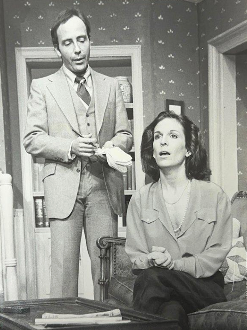 Russell playing the lead of Margaret Brent with playwright Warren Manzi as the detective during a performance in 1987. Courtesy of Catherine Russell.