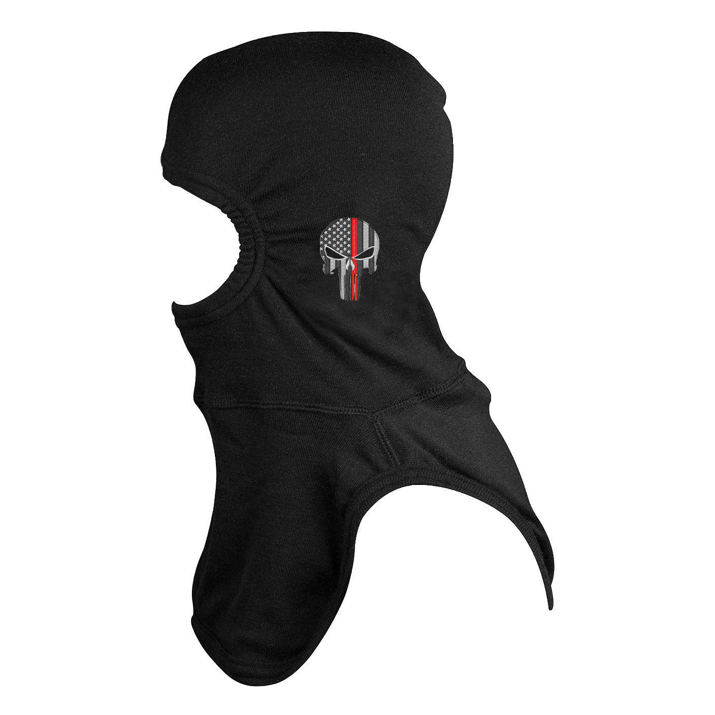 A black hood with an American flag skull design on the side