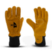The front and back of a tan colored wildland firefighting glove with a black elastic wrist