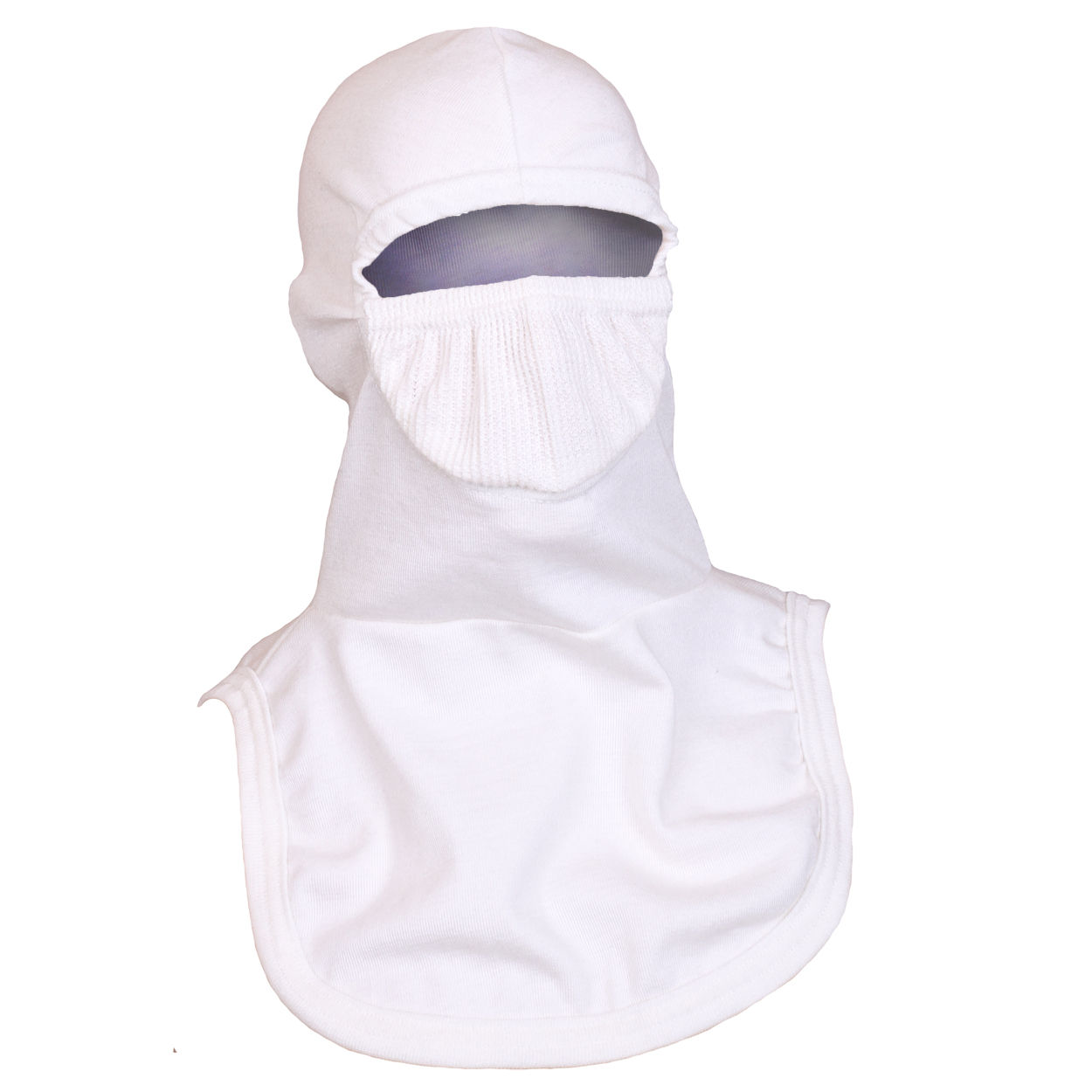 A white wildland hood with eye slit and bib