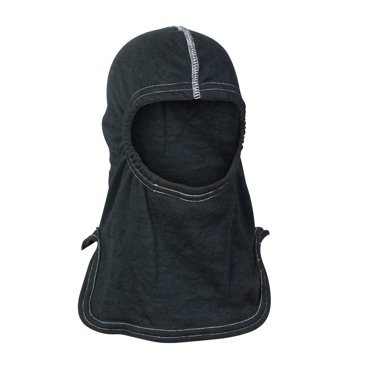 A black fire hood with white stitching