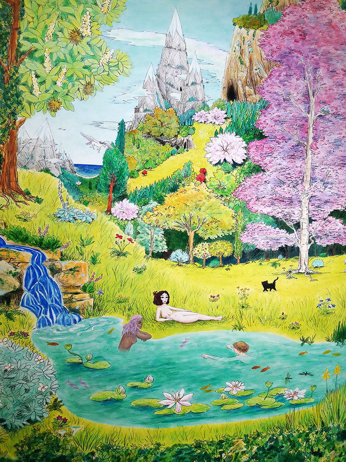 Fresque art mural décor mural peinture murale peintre en décor mural art contemporain Yveline 78 Région Parisienne Paris Ile de France Normandie Terre d'accord Maison Rouge La Chapelle sur Dun art contemporain peinture peintre contemporain artiste contemporain nature naturel paysage arbres forêt sauvage spirit spirituel sacré