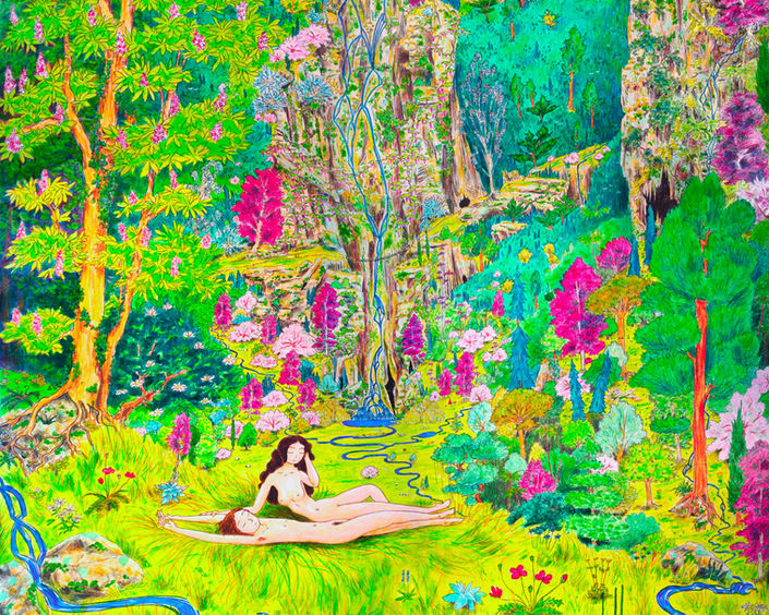 Fresque art mural décor mural peinture murale peintre en décor mural art contemporain Yveline 78 Région Parisienne Paris Ile de France Normandie Terre d'accord Maison Rouge La Chapelle sur Dun art contemporain peinture peintre contemporain artiste contemporain nature naturel paysage arbres forêt sauvage spirit spirituel sacré