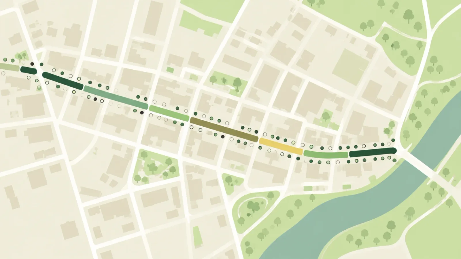 Carte fictive d'un centre-ville : la rue principale découpée en tronçons colorés selon leur évolution, commerces et locaux vacants.