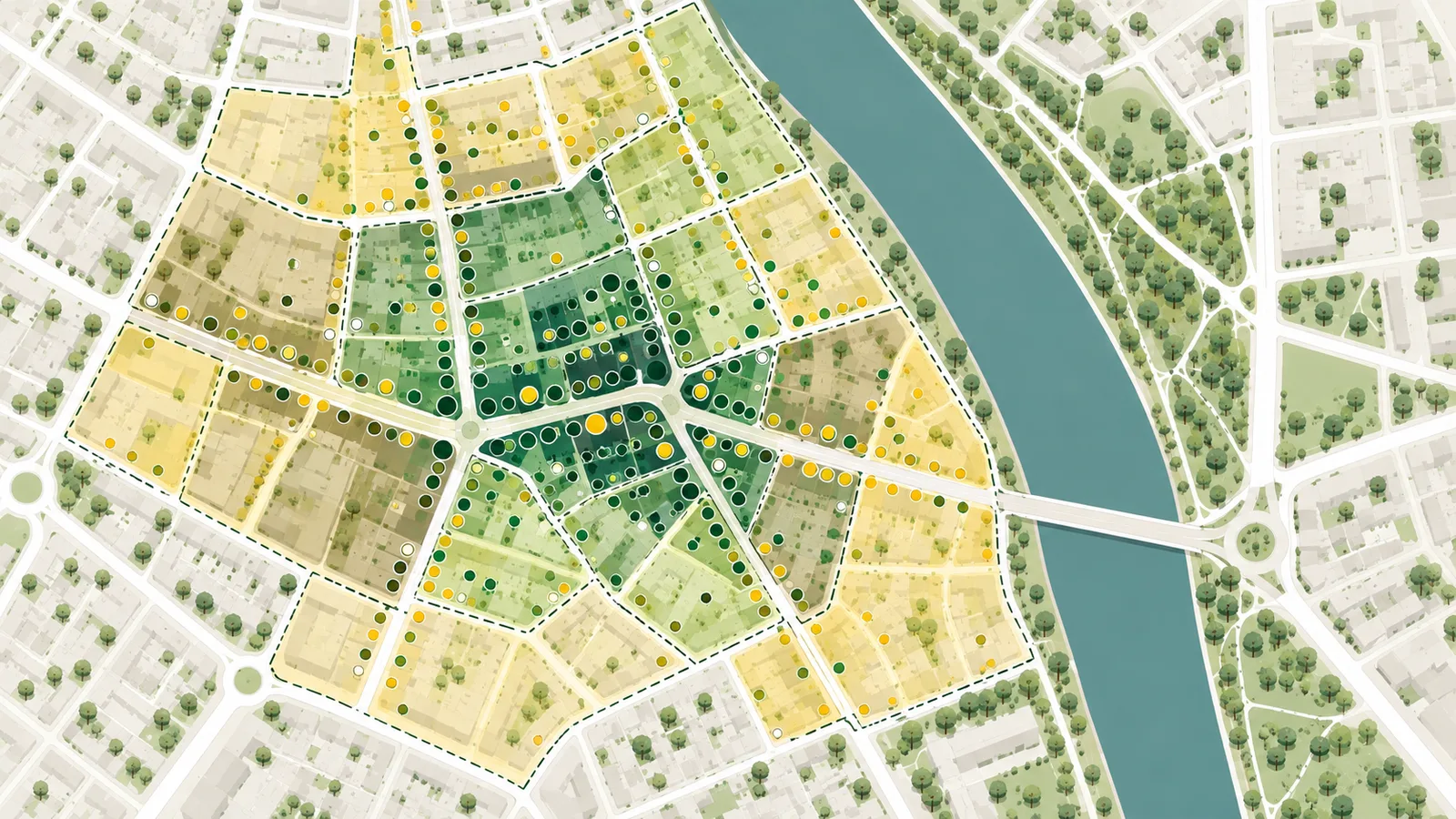Carte fictive d'un centre-ville : îlots colorés selon leur vitalité commerciale autour d'un pôle, commerces, rivière et pont.