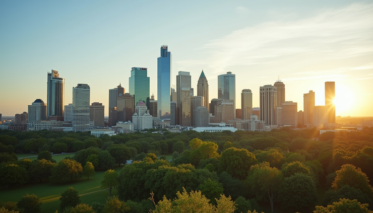 Eye-level view of Austin city skyline with downtown buildings and green spaces