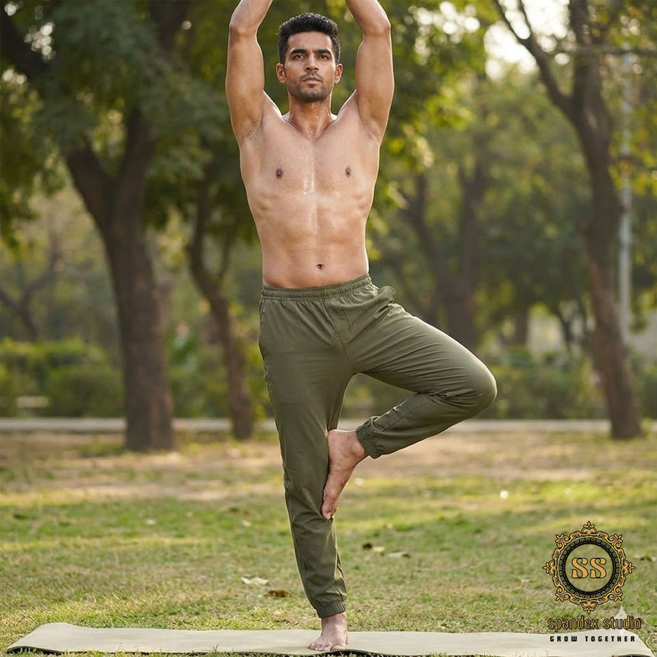 Man balances in tree pose outdoors for yoga practice on a mat.