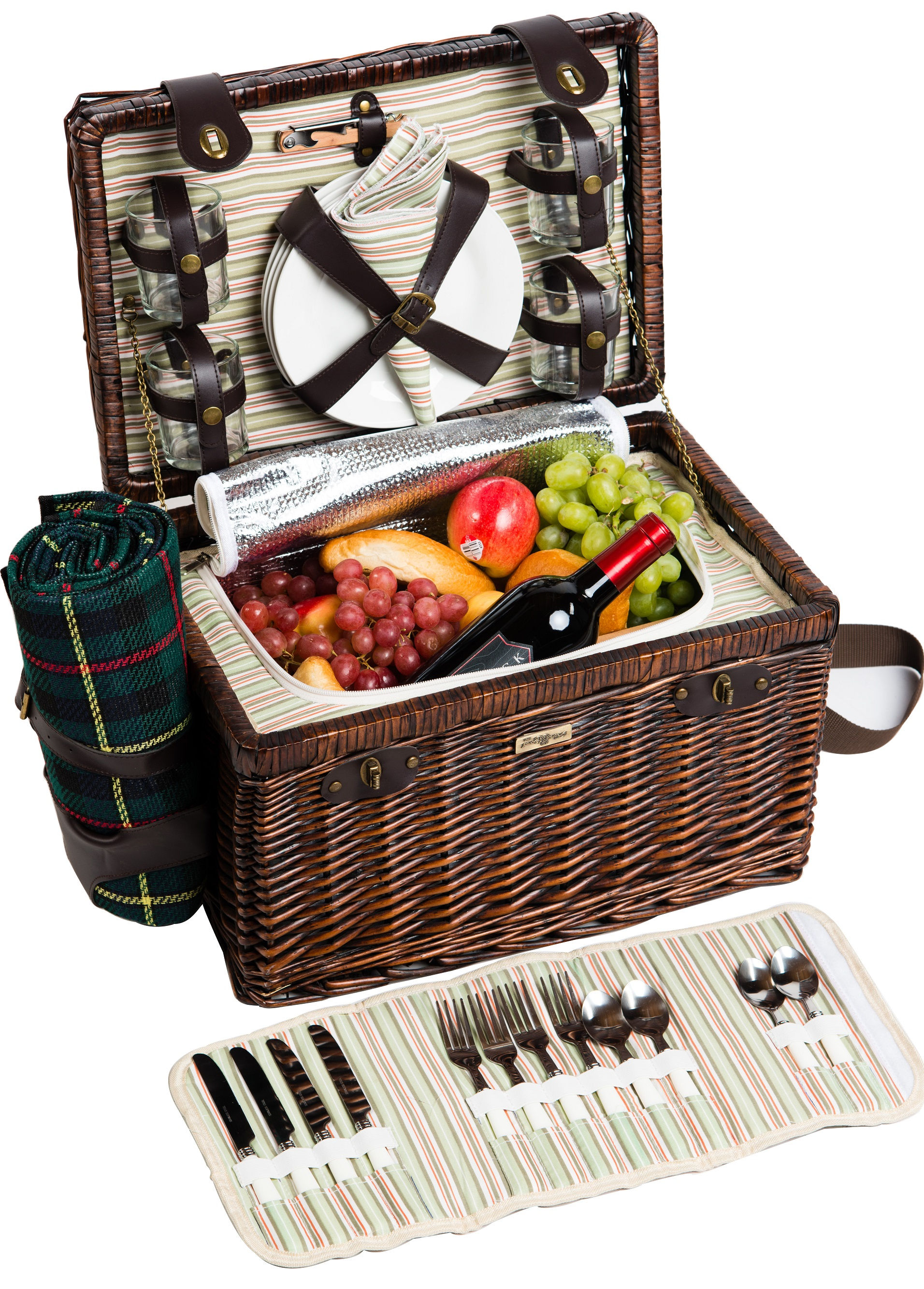 Picnic & Beyond Willow Picnic Basket for 4 PB1-3386A with Blanket and Cooler