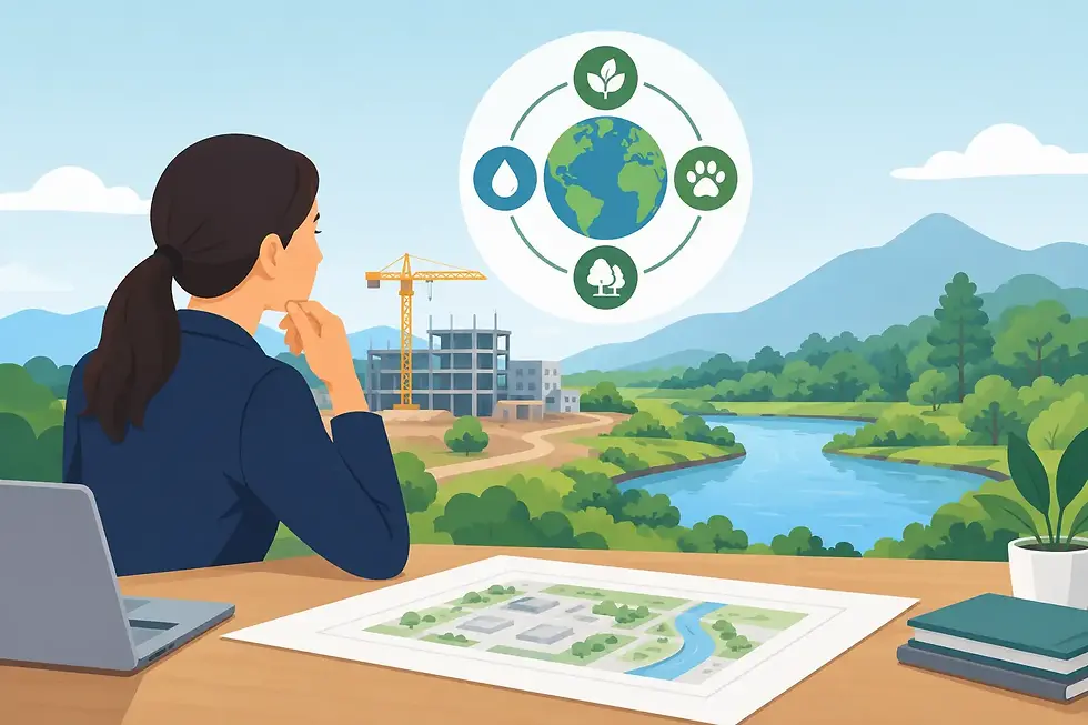 Mujer observa un plan ecológico de ciudad junto a un río, con grúa, edificios, montañas y un icono del planeta sostenible.