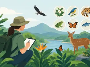 Consultor ambiental con mochila anota fauna junto a un río; águila, venado, rana, mariposa y peces en selva montañosa.