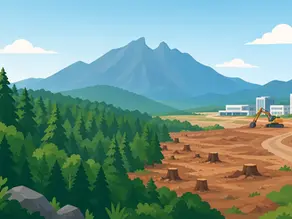 Excavadora tala un bosque junto a montañas y edificios modernos; quedan tocones y cielo despejado.