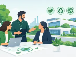 Reunión de equipo sobre sostenibilidad en oficina verde, con portátil y tablet, junto a edificio moderno con paneles solares.
