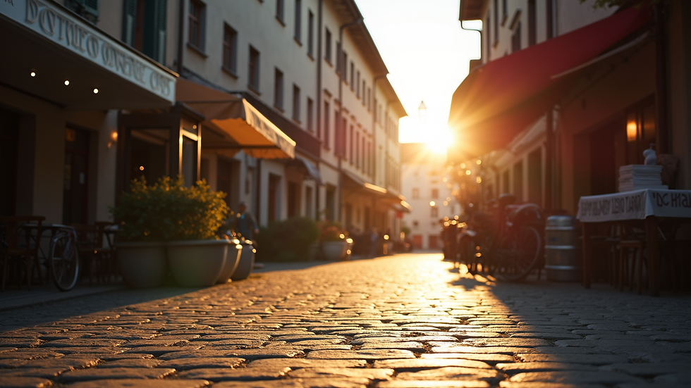 Eye-level view of Maribor old town street with warm evening light
