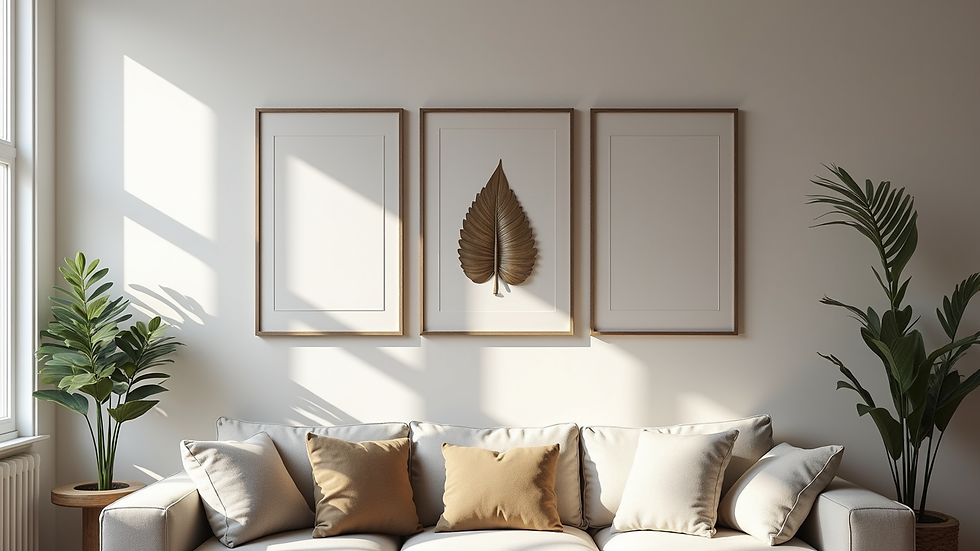 High angle view of a living room wall with a metal leaf sculpture and framed digital prints arranged in a gallery style