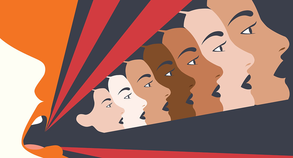 woman screaming and giving voice to other women - women faces coming out of female mouth