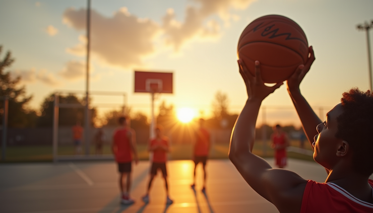 Eye-level view of a basketball player practicing free throws on an outdoor court