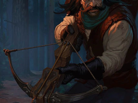 A fierce Vistana man holding a crossbow in a gloomy forest.