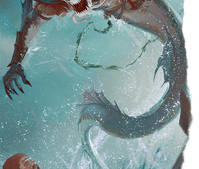 A giant finned creature holding a vicious harpoon-like weapon, leaping from a boat in ambush of a surprised sailor.
