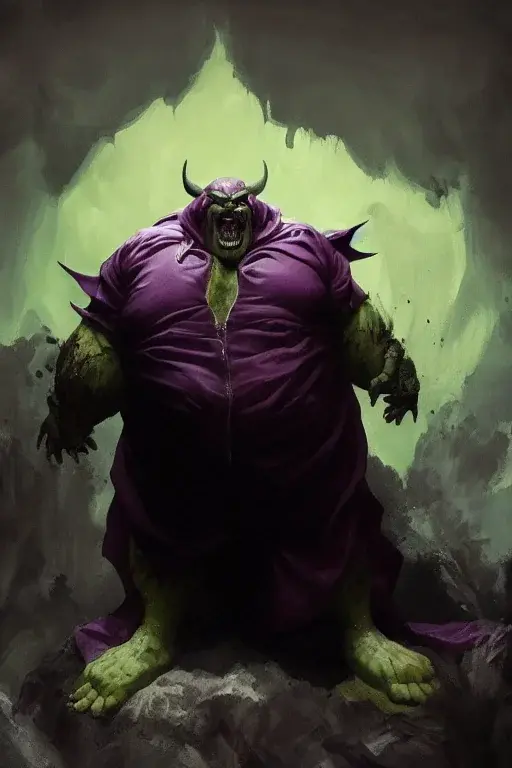 A bellowing, obese green-skinned devil in an overstretched purple robe.