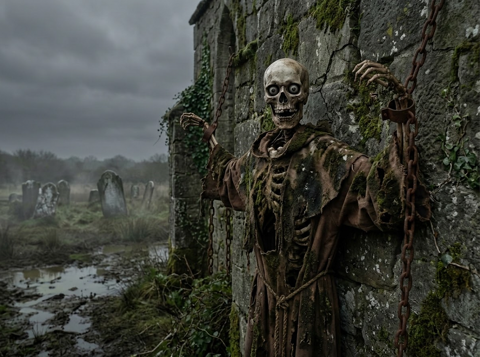 Skeletal figure in a tattered brown robe chained to the mossy stone wall of a ruined church. There is a gloomy graveyard in a swamp in the background.