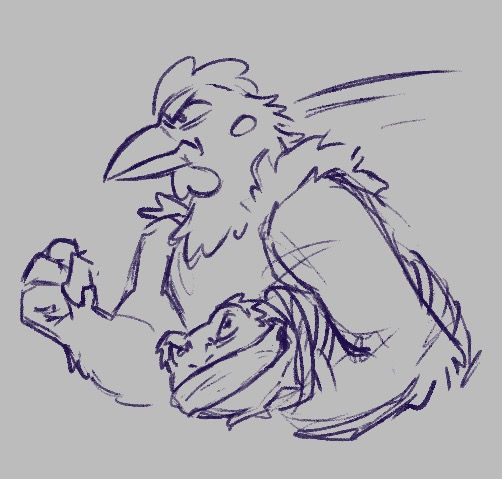 The muscular chicken barbarian, KFC, running with a bound and gagged Murgaxor tucked beneath her arm. She wears a very determined look. Murgaxor looks angry.