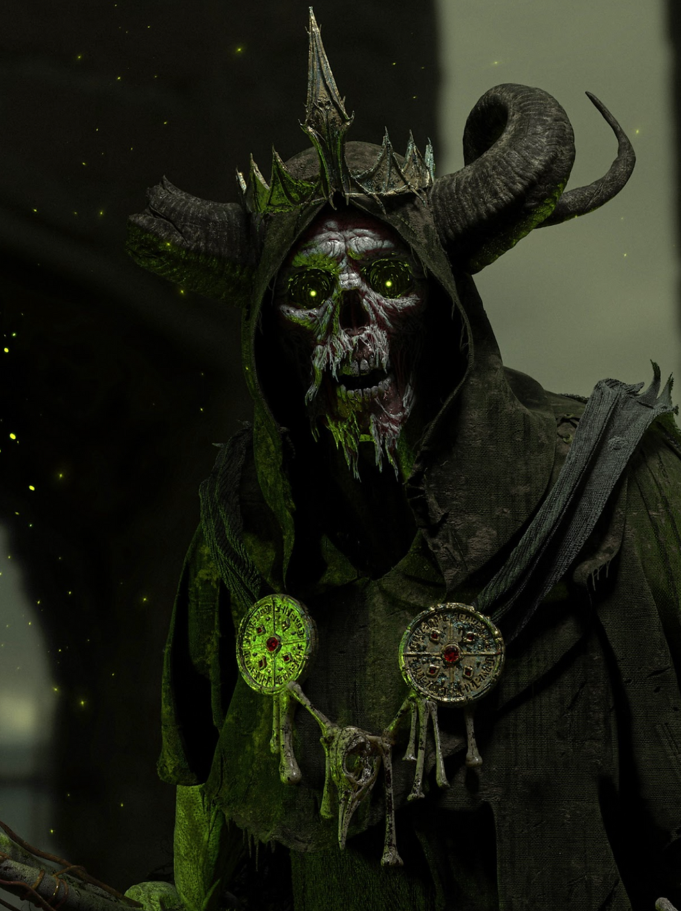 An ancient, animated skeleton dressed in tattered wizard's robes. His eyes are black pits with glowing flames.