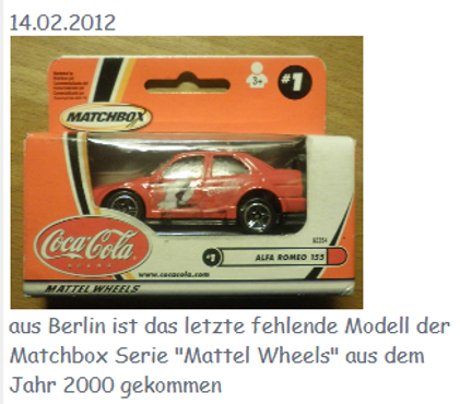 2012 Coca Cola Matchbox Alfa Romeo