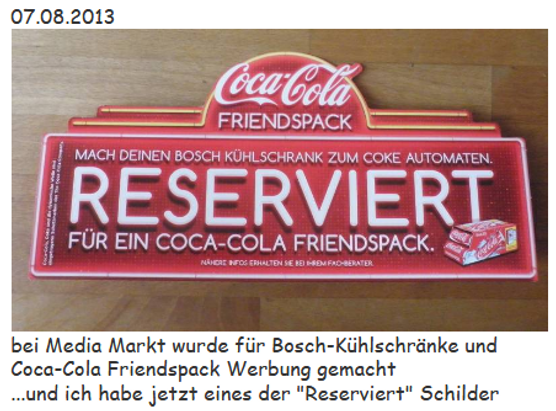 2013 Coca Cola Reserviert Schild