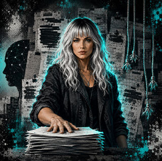 A silver-haired woman holding down a stack of documents beneath cut marionette strings and pinned paper scraps