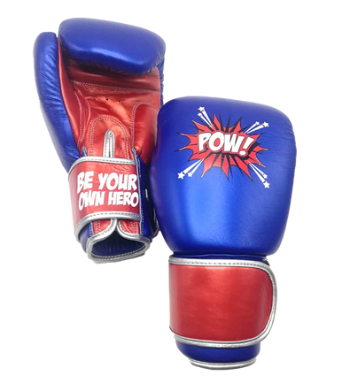 Custom boxing gloves with blue and red superhero them