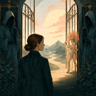 woman walking through majestic gates, guided by a gatekeeper and showgirl