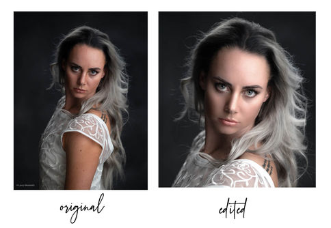 Original versus edited portrait of Alexandra Queen, the model