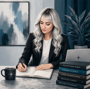 Girl writing in notebook at desk with computer open