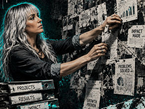 A determined woman with long silver-white hair pins evidence to a wall covered with project results, skills, and impact reports while stacks of binders labeled "Projects," "Results," "Impact," and "Growth" sit beside her. Bold distressed lettering reads, "Stop Praying for That Job. Build the Evidence Instead," against a gritty black, white, and teal collage background with paint splatters and torn-paper textures, symbolizing earning opportunities through demonstrated accomplishments rather than wishful thinking.