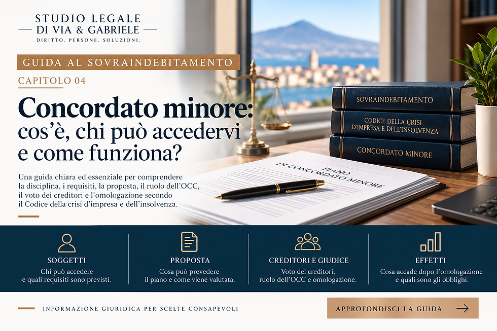 Grafica del Capitolo 04 della Guida al sovraindebitamento dedicata al concordato minore, con riferimento a requisiti, proposta, ruolo dell'OCC, creditori e omologazione.