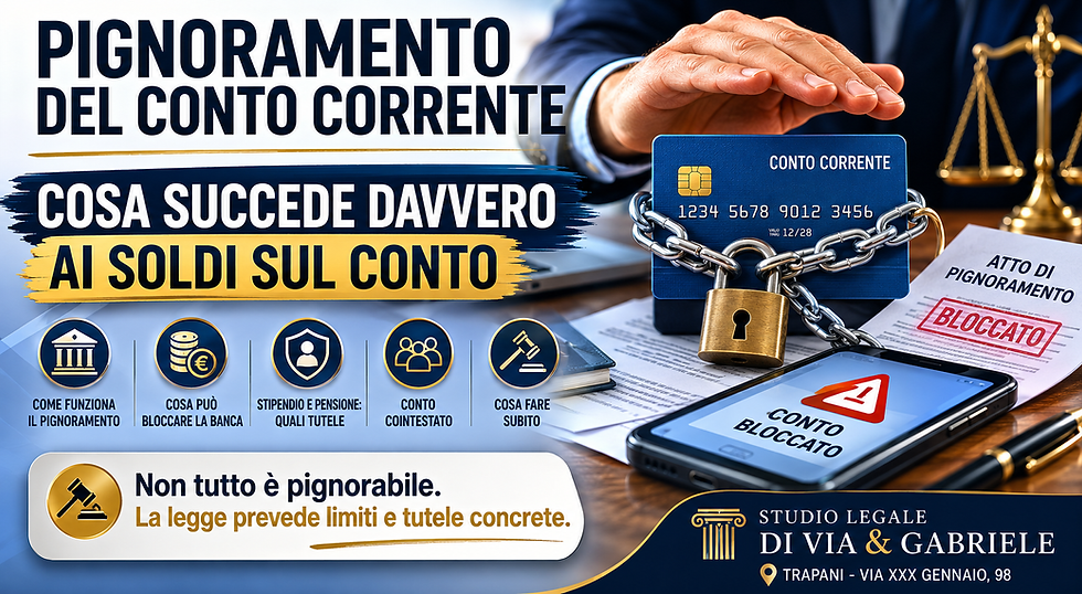 Grafica informativa sul pignoramento del conto corrente con carta bancaria bloccata da un lucchetto, bilancia della giustizia e spiegazione delle tutele previste dalla legge per stipendio, pensione e somme impignorabili – Studio Legale Di Via & Gabriele Trapani.