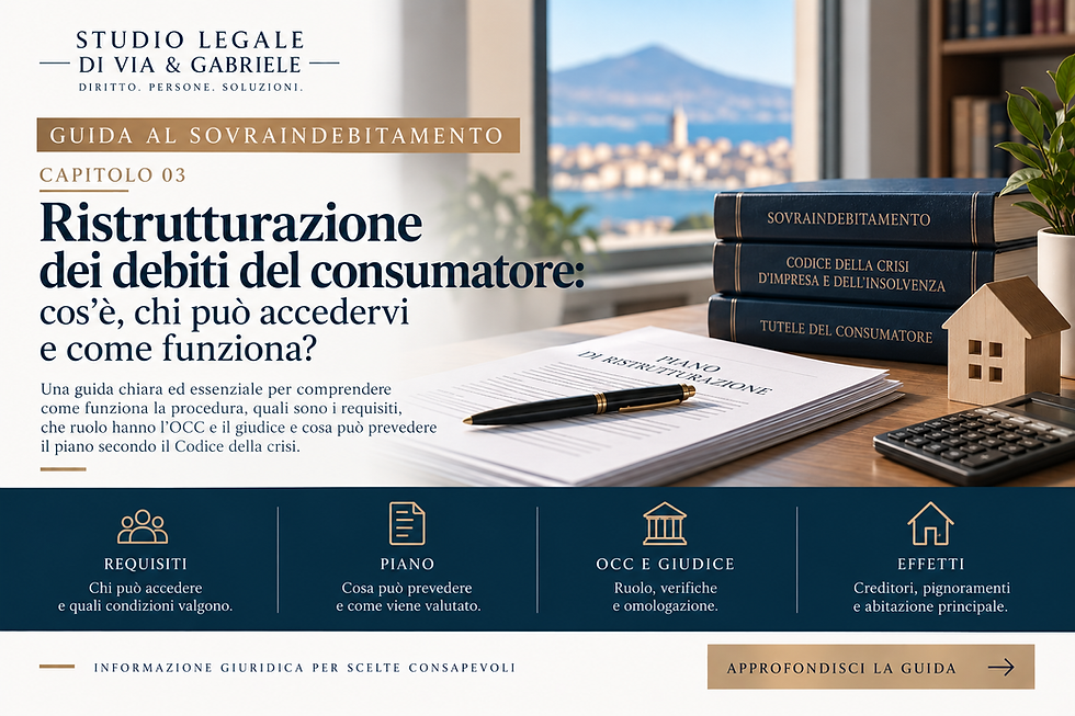 Grafica del Capitolo 03 della Guida al sovraindebitamento dedicata alla ristrutturazione dei debiti del consumatore, con riferimento a requisiti, piano, ruolo dell'OCC e omologazione.