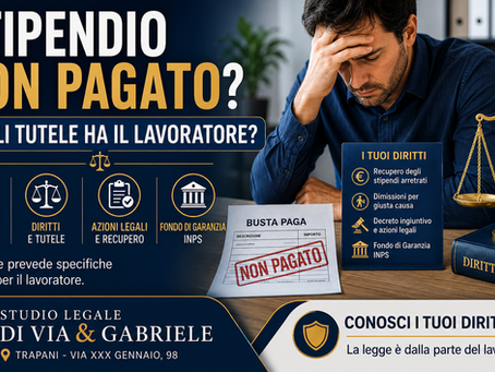 Grafica informativa sul mancato pagamento dello stipendio con lavoratore, busta paga e riferimenti alle tutele previste dalla legge per il recupero delle retribuzioni non corrisposte.