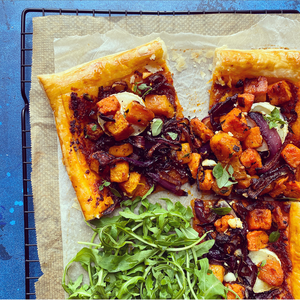 Butternut squash, caramelised red onion and goats cheese tart