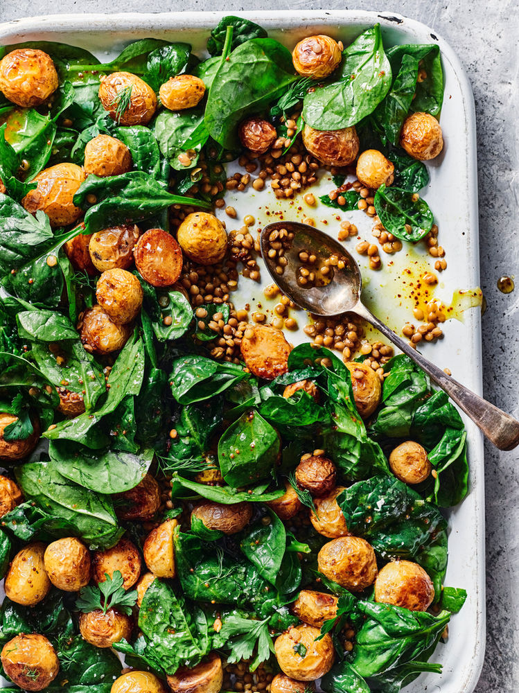 Herby Roasted Potato and Green Lentil Salad with honey, lemon and
