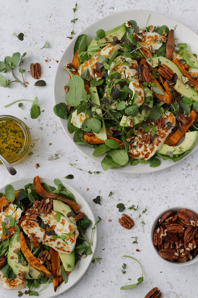 Roasted Sweet Potato and Halloumi Salad, with toasted pecans and a