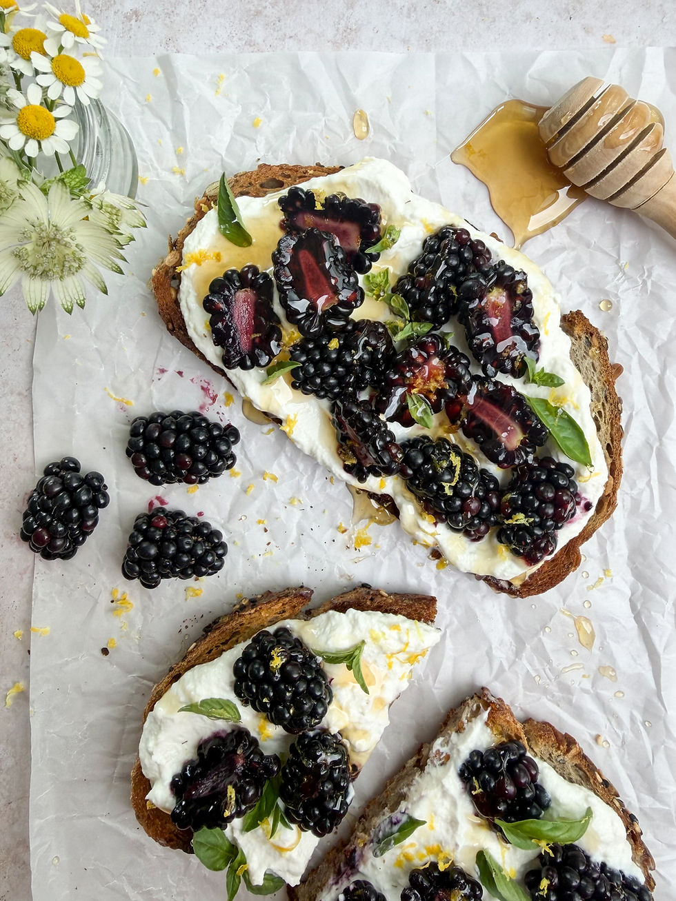 Blackberry, ricotta, lemon & basil toast