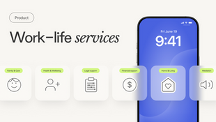 Kyan Health work-life services illustration with six support category tiles beside a phone.
