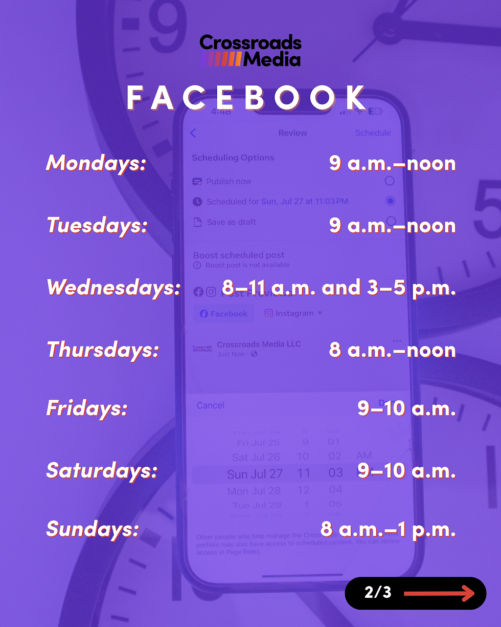 Crossroads Media Facebook schedule with times listed for each day against a purple backdrop with a clock and phone screen visible.