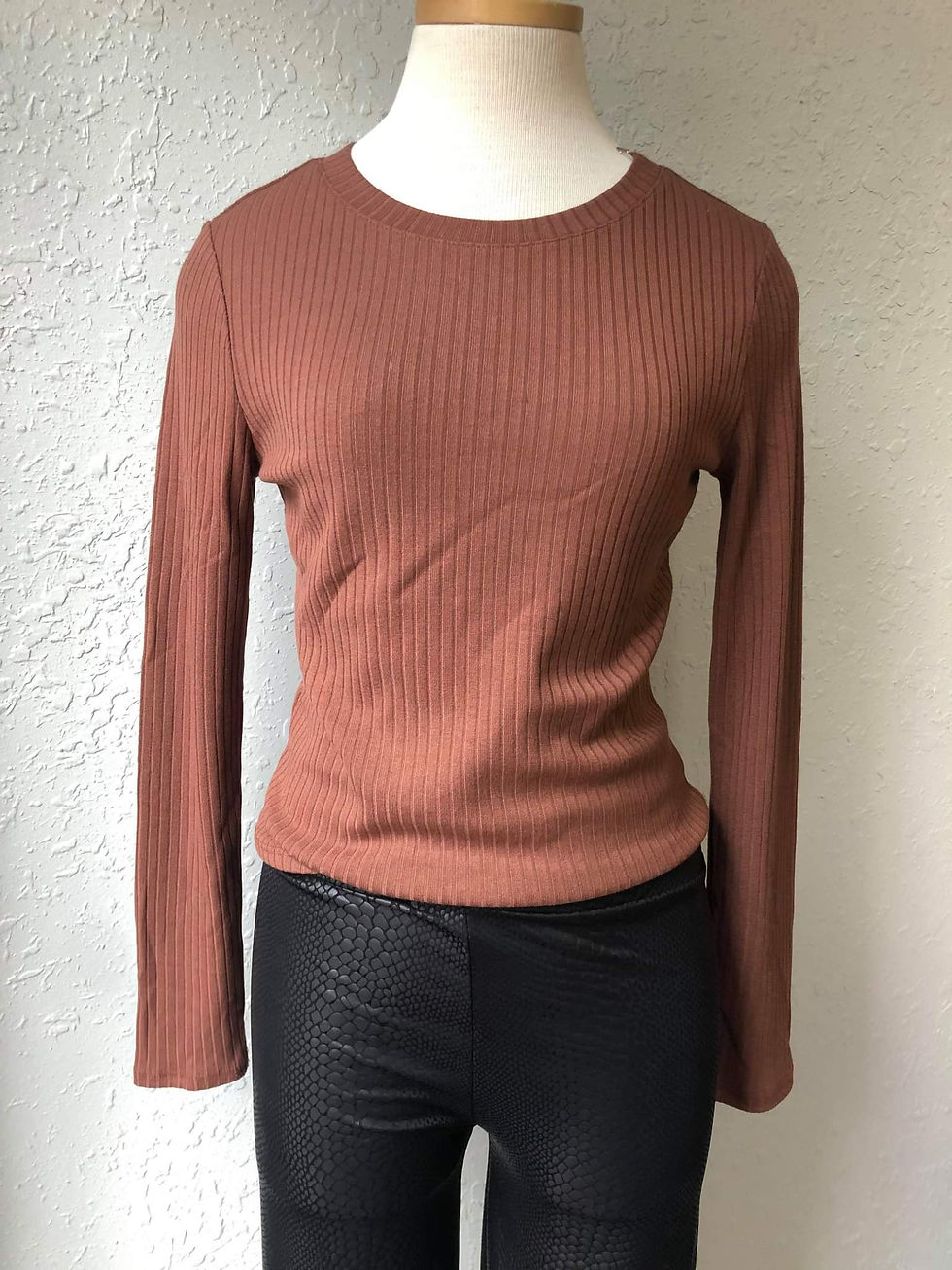 Thumbnail: Rust Brown Ribbed Long Sleeve Top